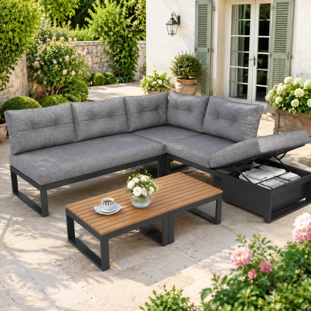 Set mobili da giardino multifunzione, schienale regolabile a 3 livelli con funzione reclinabile, cuscini spessi, vano portaoggetti, rivestimento in poliestere resistente alle intemperie, grigio scuro