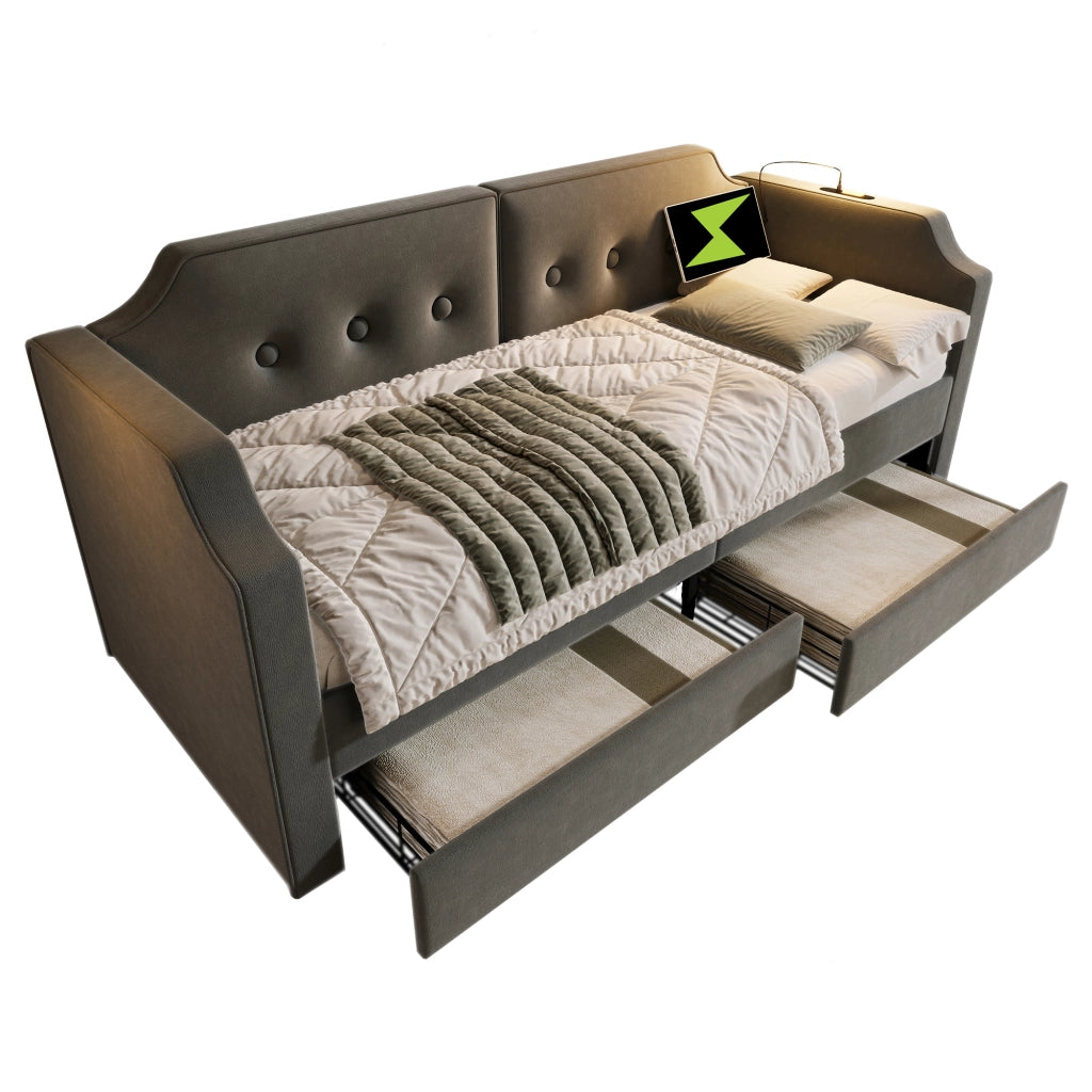 Letto singolo imbottito 90 × 200 cm con cassetti USB Type C lampada da lettura velluto grigio rete a doghe