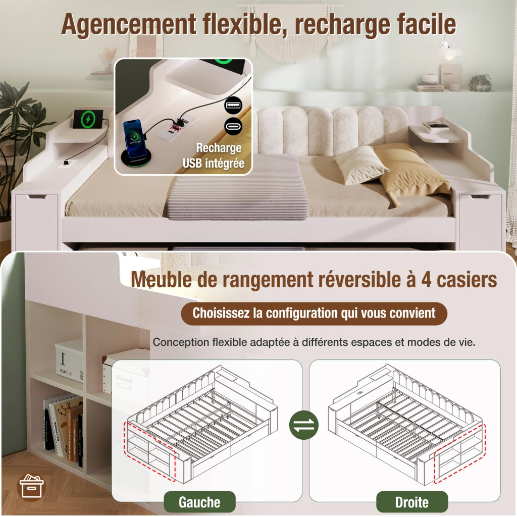 Letto estraibile matrimoniale 140x200 cm; rete a doghe metalliche; stazione di ricarica; contenitore nascosto; legno; schienale sherpa; bianco