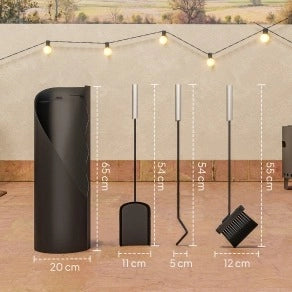 Set accessori per camino ULEVR 4 pezzi con secchio, scopa, paletta e attizzatoio in metallo argento