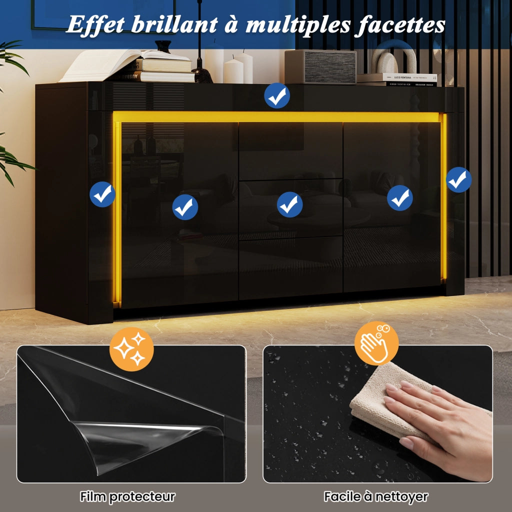 Madia con 2 ante; 3 cassetti; ripiani regolabili e LED via app in MDF nero lucido 140 × 40 × 65 cm