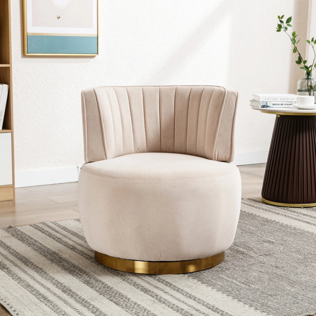 Sedia girevole moderna in velluto beige con struttura in legno e metallo, 62,5x62x69,5 cm, per soggiorno e camera da letto