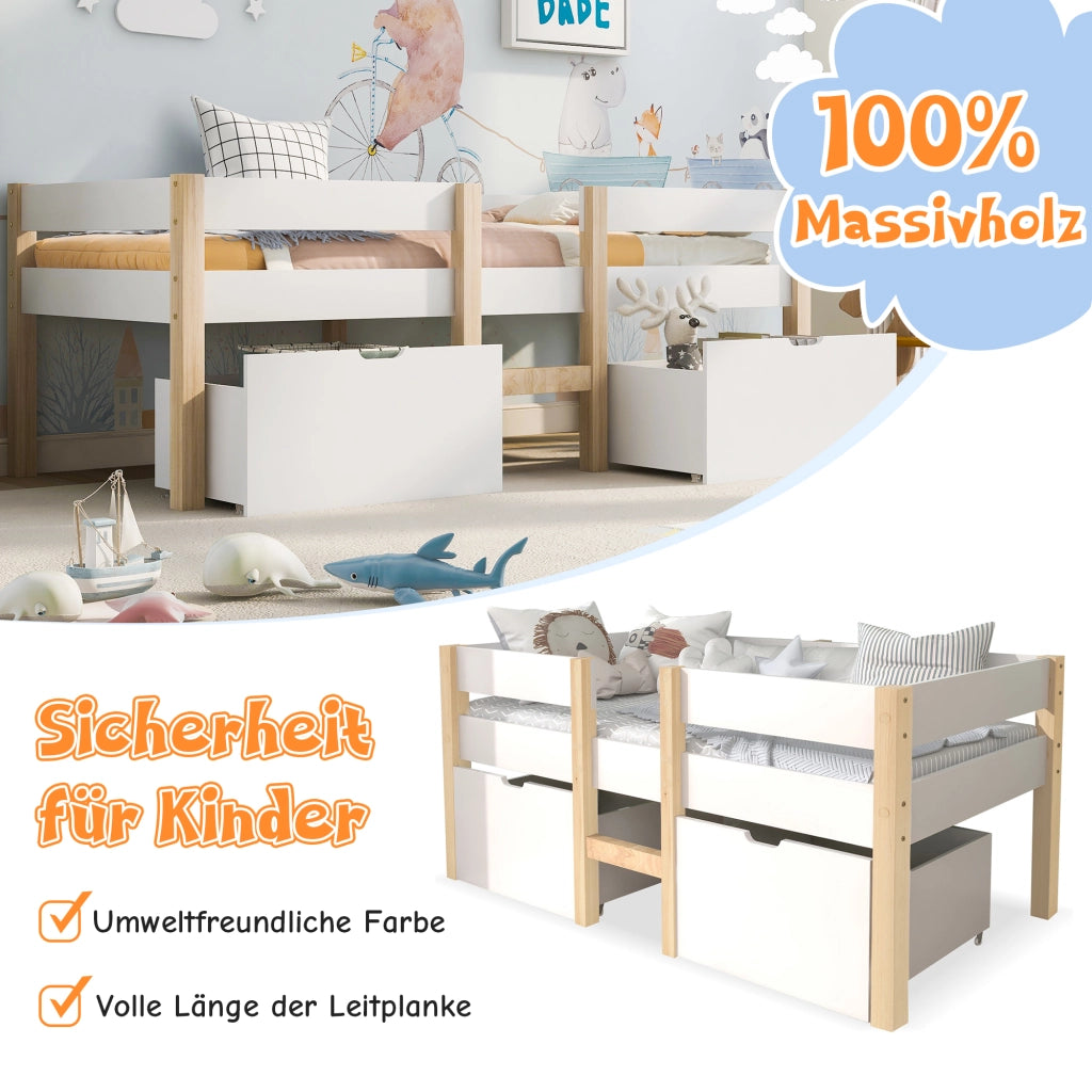 Letto a soppalco 90 × 200 cm con due cassetti e barriera di protezione in legno bianco