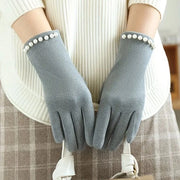 Touchscreen guanti per donne, 1 coppia - Guanti casual elastici senza dita (grigio) con decorazioni a perle, lana a maglia in poliestere, impermeabili al vento, sensibili al tocco, lavabili in macchina