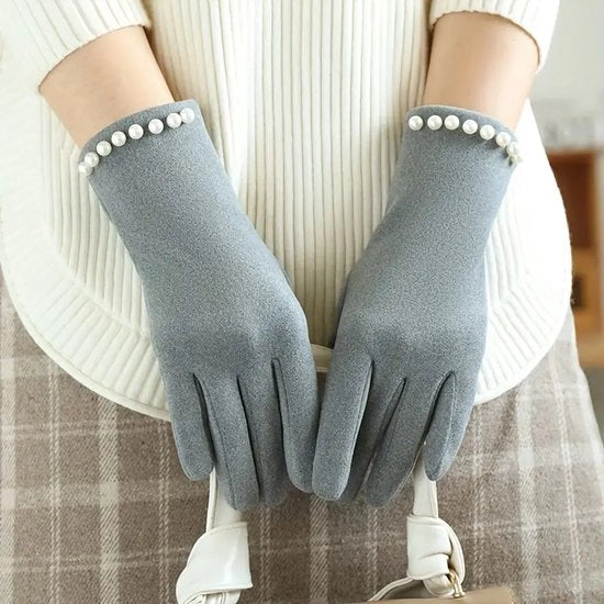 Touchscreen guanti per donne, 1 coppia - Guanti casual elastici senza dita (grigio) con decorazioni a perle, lana a maglia in poliestere, impermeabili al vento, sensibili al tocco, lavabili in macchina