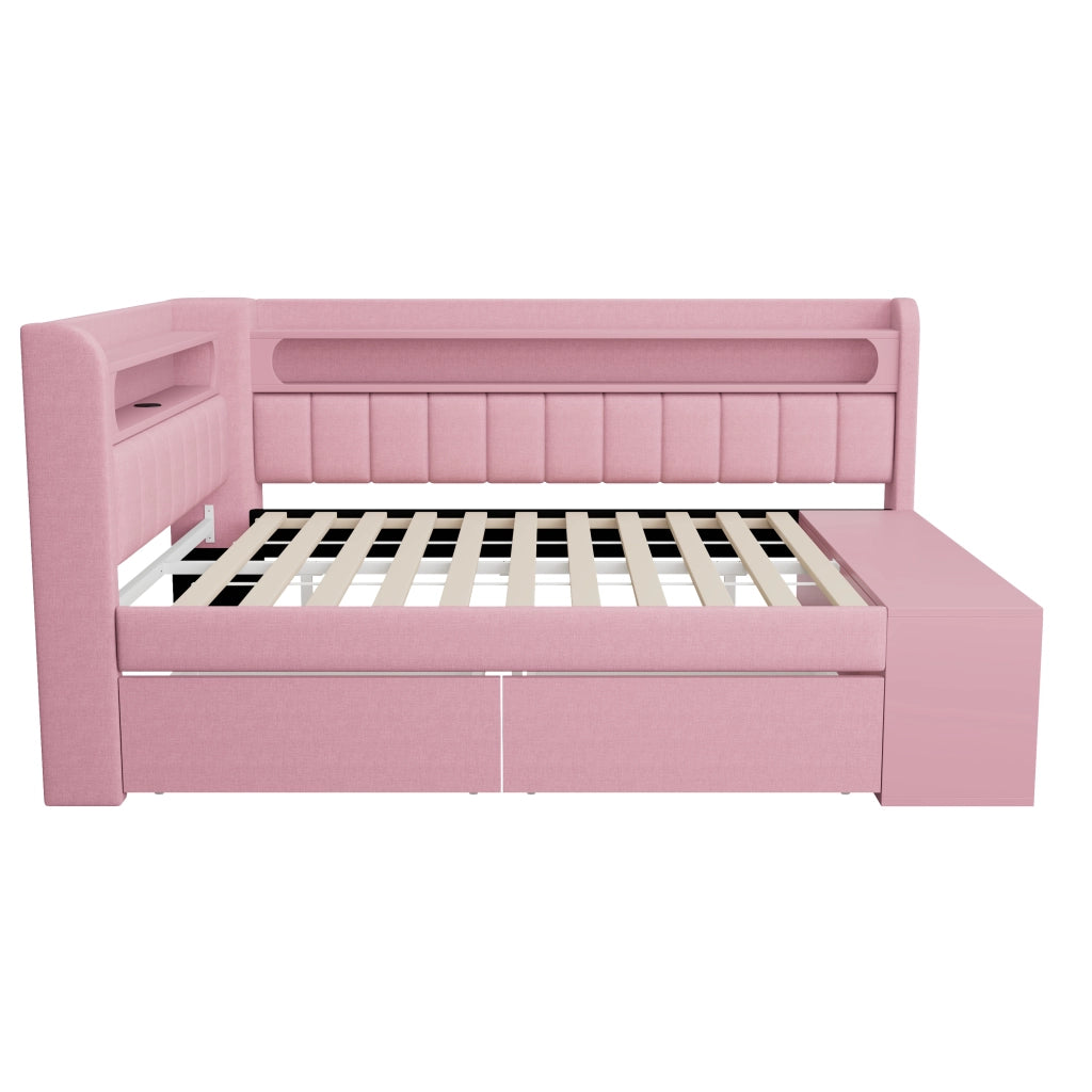 Letto con cassetti 90 × 200 cm con LED USB mobile portascarpe struttura imbottita in MDF e compensato rosa