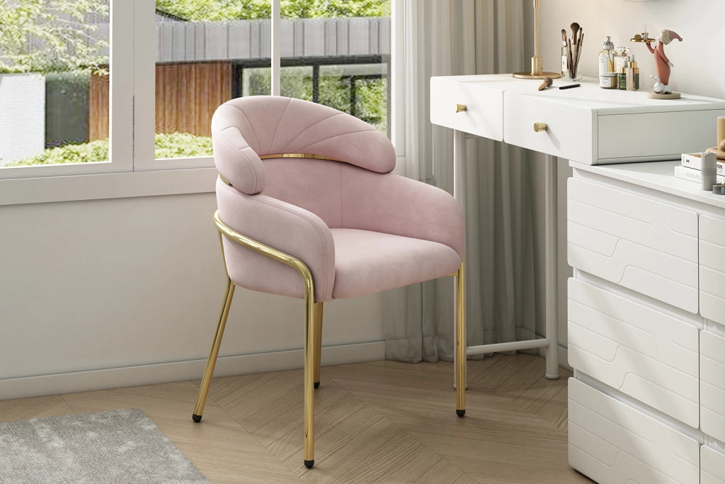 Sedia da pranzo singola in velluto rosa con quattro gambe in metallo per soggiorno; camera da letto e relax