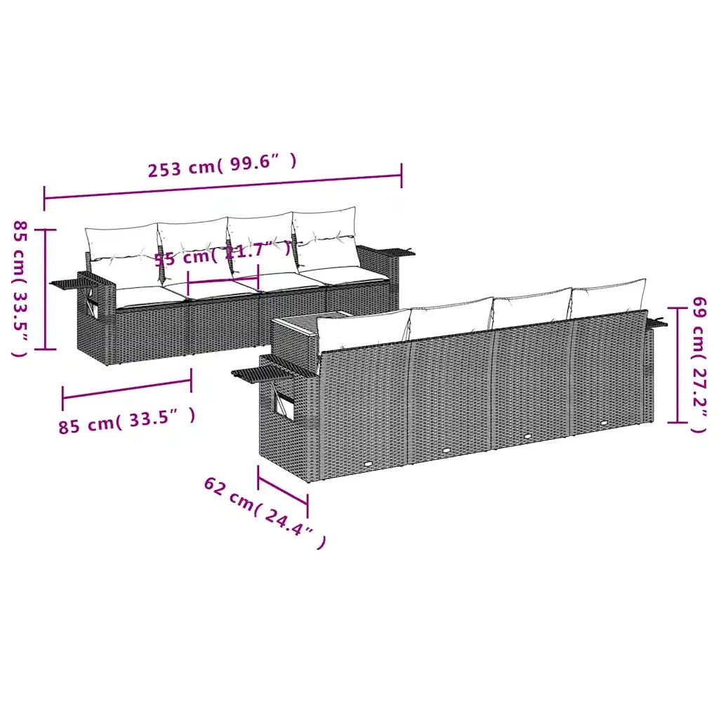 Set Divani da Giardino 9 pz con Cuscini Nero in Polyrattan 3224482