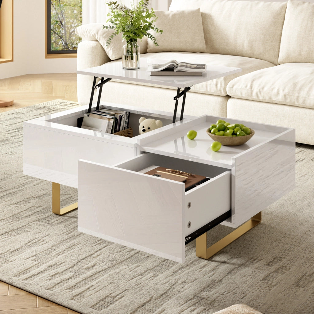 Tavolino da caff¨¨ 100x50 cm con piano sollevabile e cassetto in MDF bianco