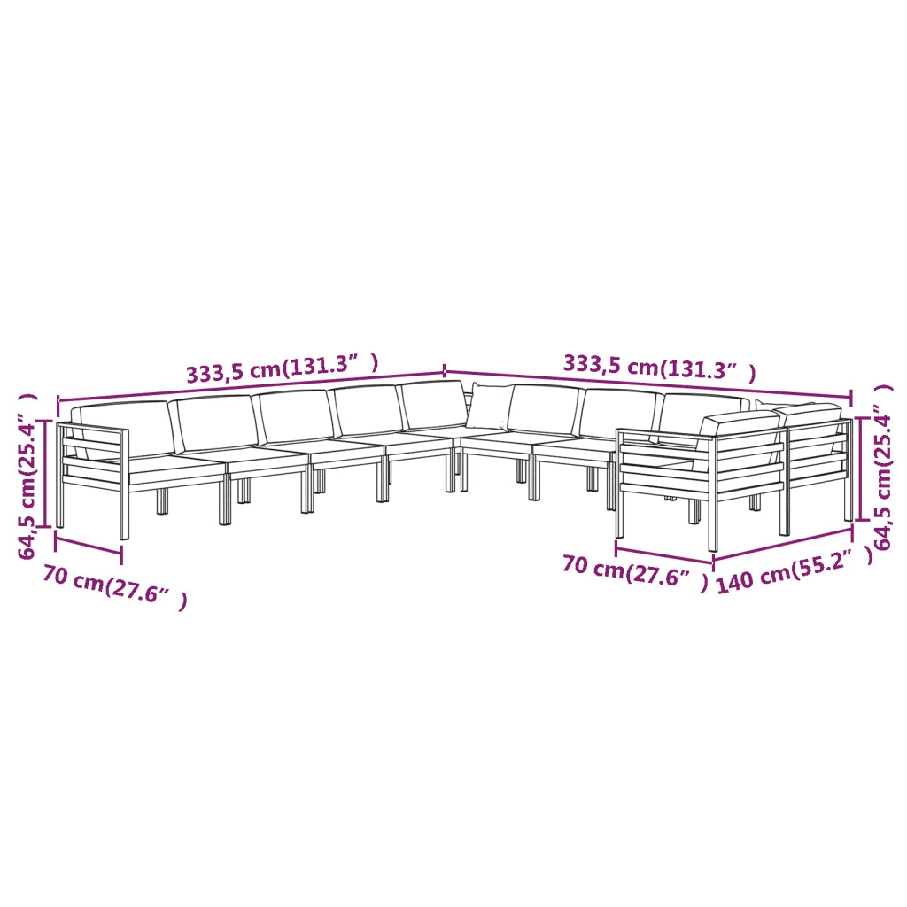 Set Divani da Giardino 10 pz con Cuscini in Alluminio Antracite