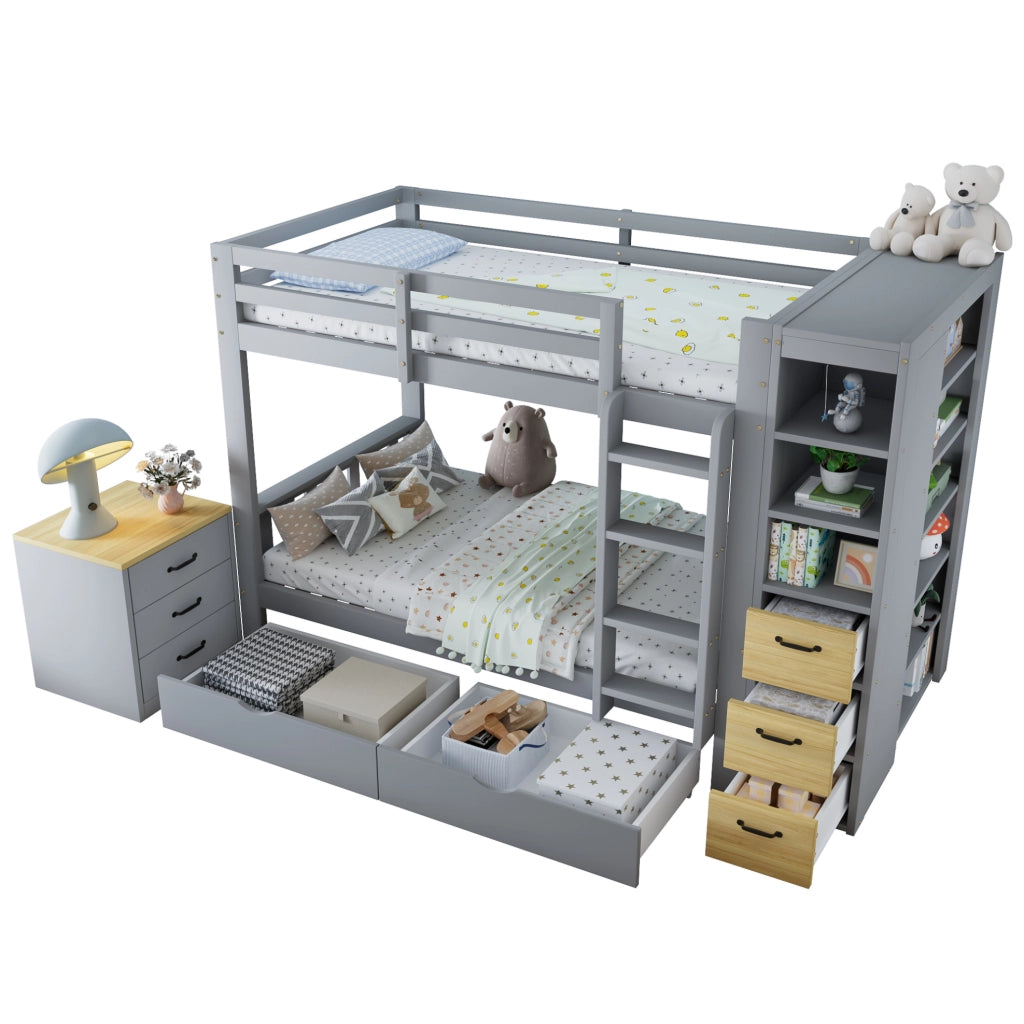 LETTO A CASTELLO 90x200 cm Legno Grigio con Cassetti e Comodino