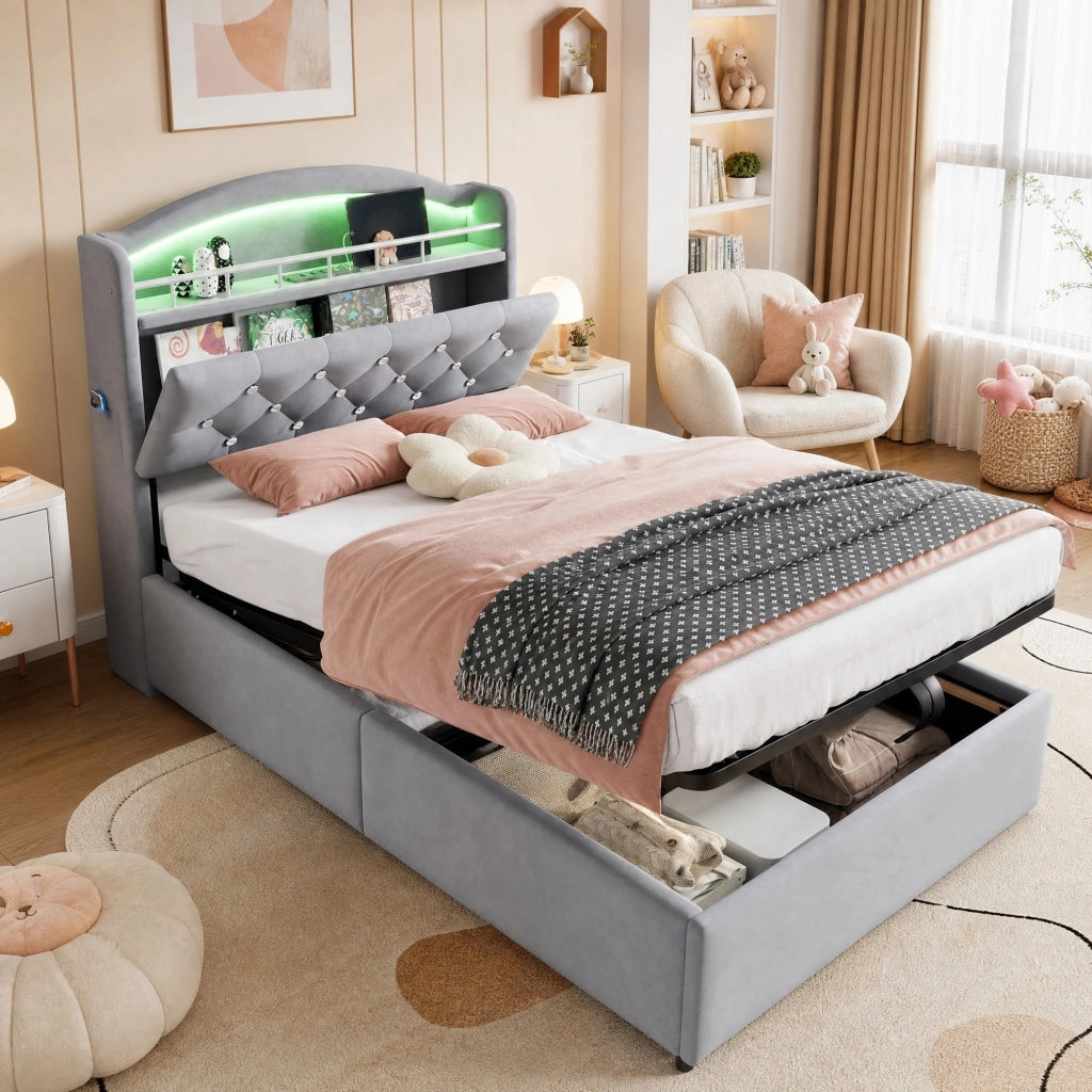 Letto imbottito per bambini 90x200 cm con contenitore, LED, USB e portaoggetti, grigio