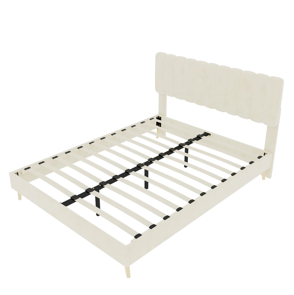 Letto imbottito moderno 140x200 cm con testiera morbida beige, struttura in legno senza contenitore, materasso incluso