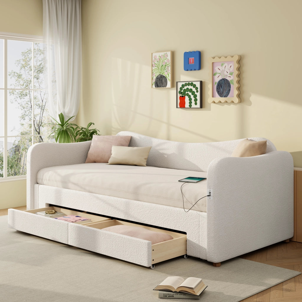 Letto per bambini estensibile 90-180 x 200 cm con 2 cassetti e USB, letto singolo imbottito in boucl¨¦ beige