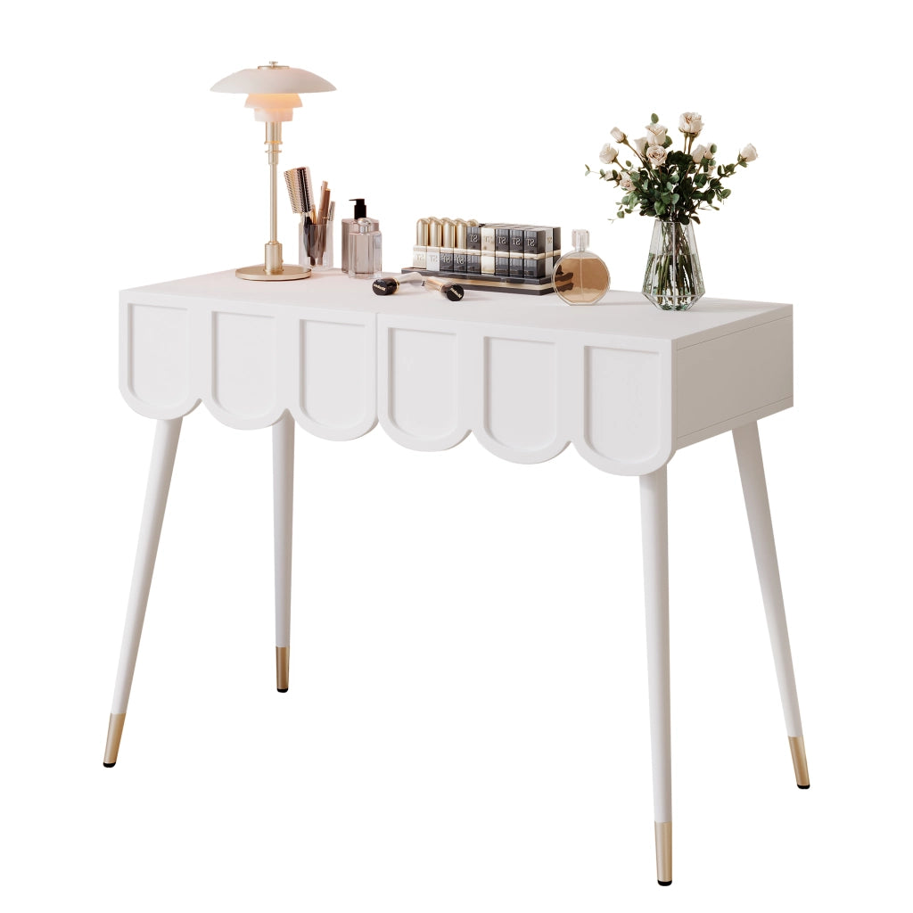 Tavolo da toeletta con 2 cassetti e piedi conici in metallo, per camera da letto e studio, bianco, 100 × 40 × 76 cm