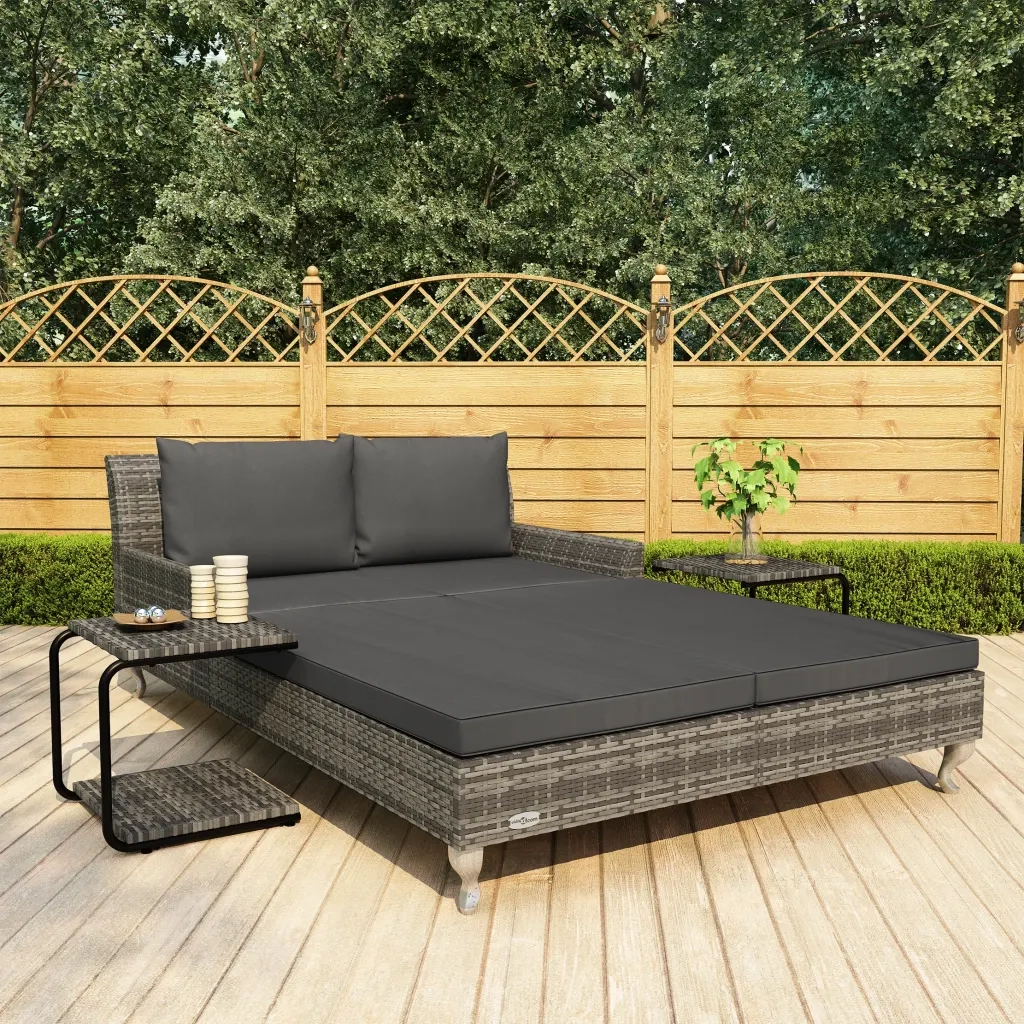 Lettino Prendisole per 2 Persone con Cuscini Polyrattan Grigio 48131