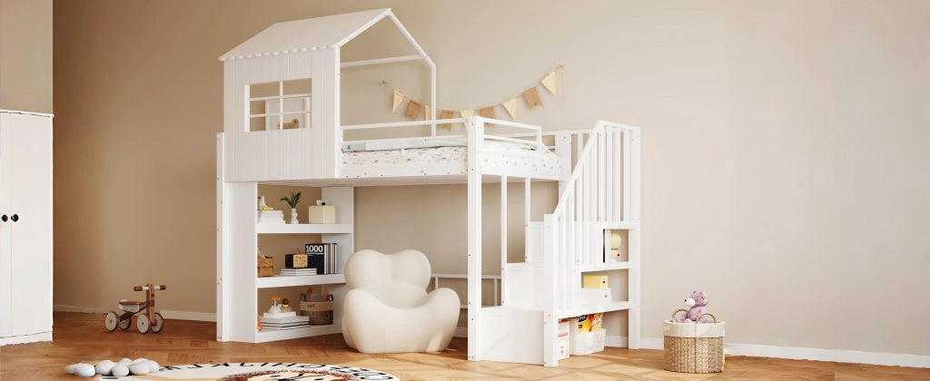 Letto a soppalco singolo 90 × 200 cm con scala reversibile e contenitori in metallo MDF bianco