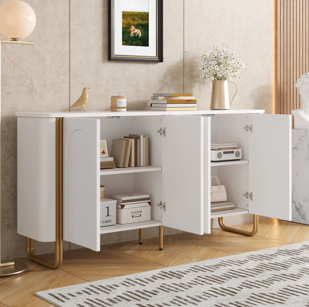 Credenza ULEVR 160x35x80,5 cm con 4 ante Push-to-Open e 4 vani interni, MDF bianco con piedi in ferro