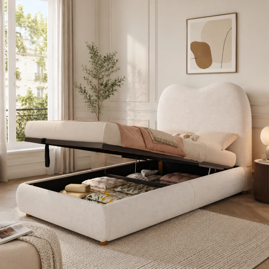 letto imbottito bouclé beige 90 x 200 cm