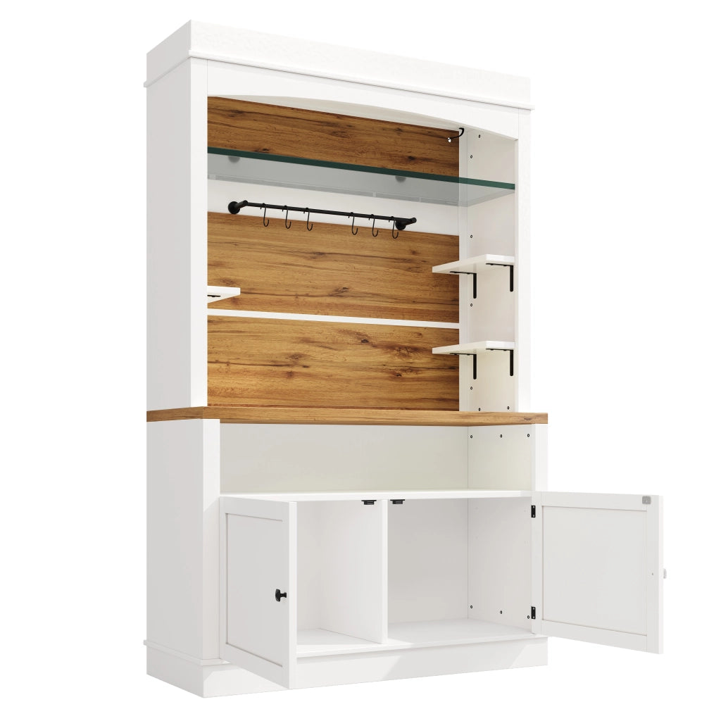 Credenza da cucina alta, set di 2 con LED RGB, 6 ganci e dispositivo antiribaltamento, MDF bianco, 107 × 34 × 184 cm