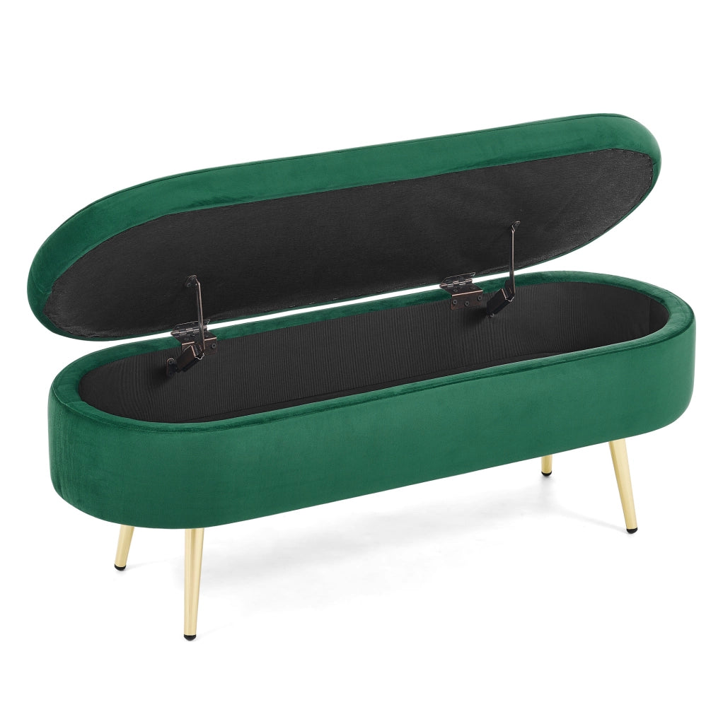 Panca contenitore multifunzione in velluto verde con telaio in legno massello e gambe in metallo, 110x40x42 cm, 20L di spazio