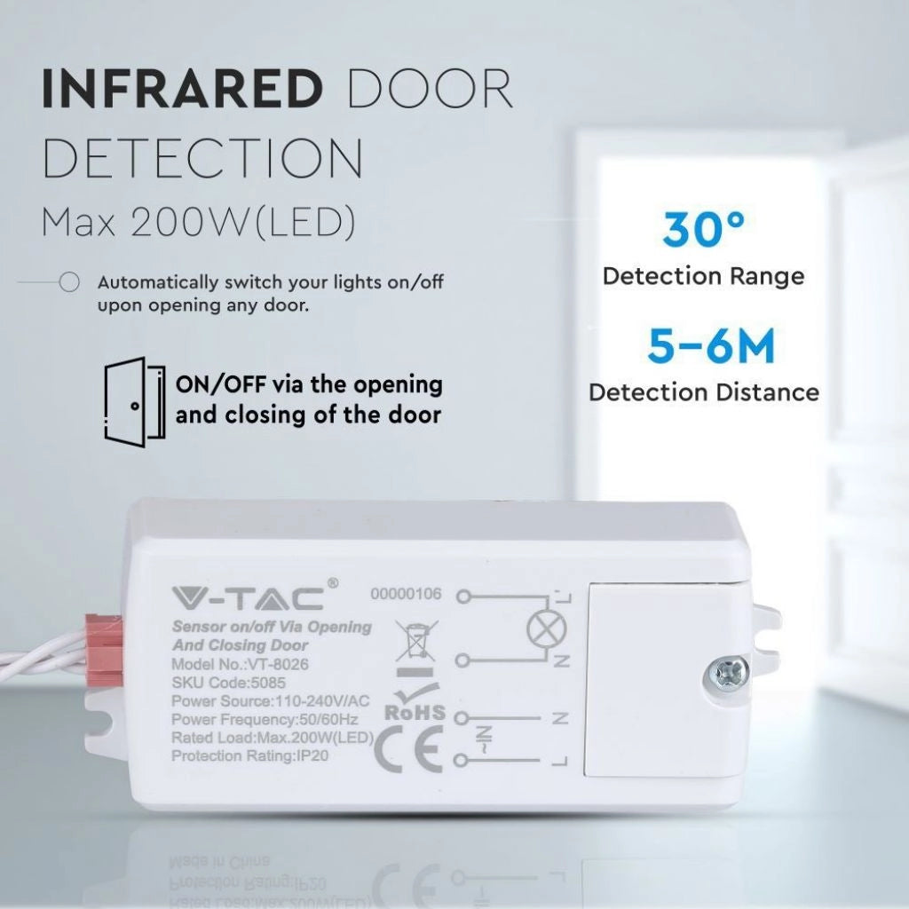 V-TAC VT-8026 Sensore di Movimento a Infrarossi 30° Attivazione tramite Apertura/Chiusura Porta (5-6cm) Colore Bianco (Max 200W) IP20 - SKU 5085