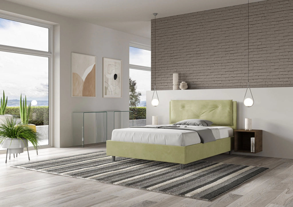 BS COM Letto matrimoniale francese contenitore imbottito 140x190 microfibra tè verde Large