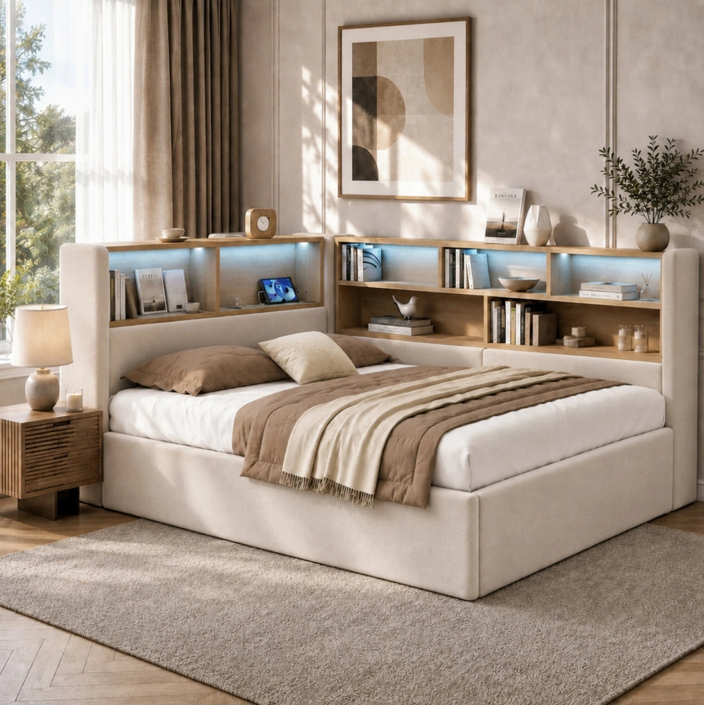Letto giorno 90x200 cm in velluto beige con contenitore idraulico, LED, USB e schienale integrato