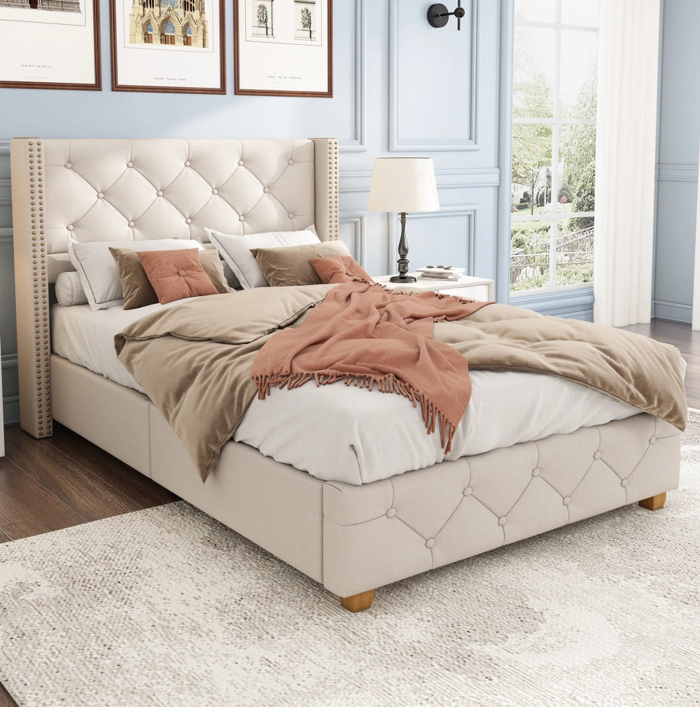 LETTO imbottito 90x200 cm in lino beige con rete a doghe