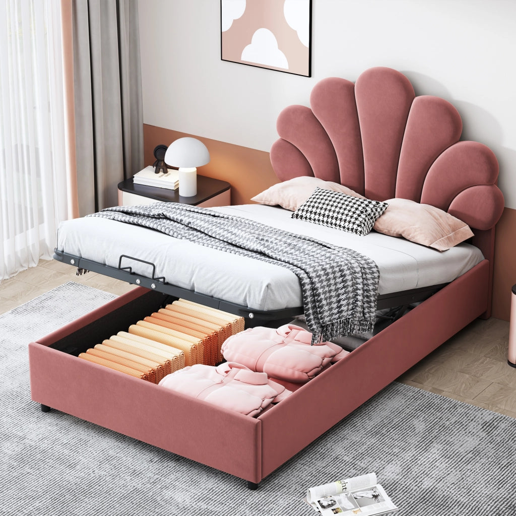 Letto contenitore 90 × 200 cm con testiera floreale imbottita in velluto rosa e rete a doghe