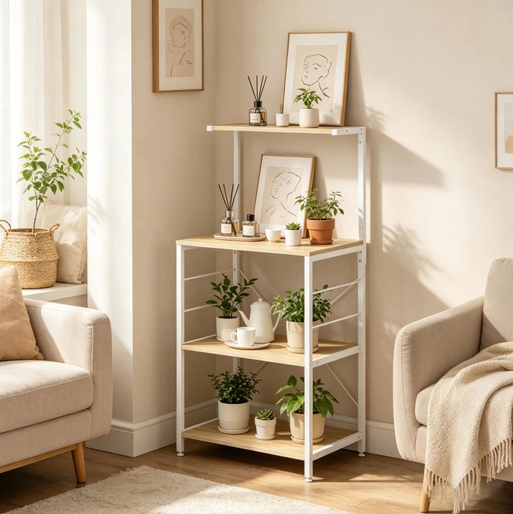 Scaffale da cucina a 4 ripiani con ganci, bianco e rovere