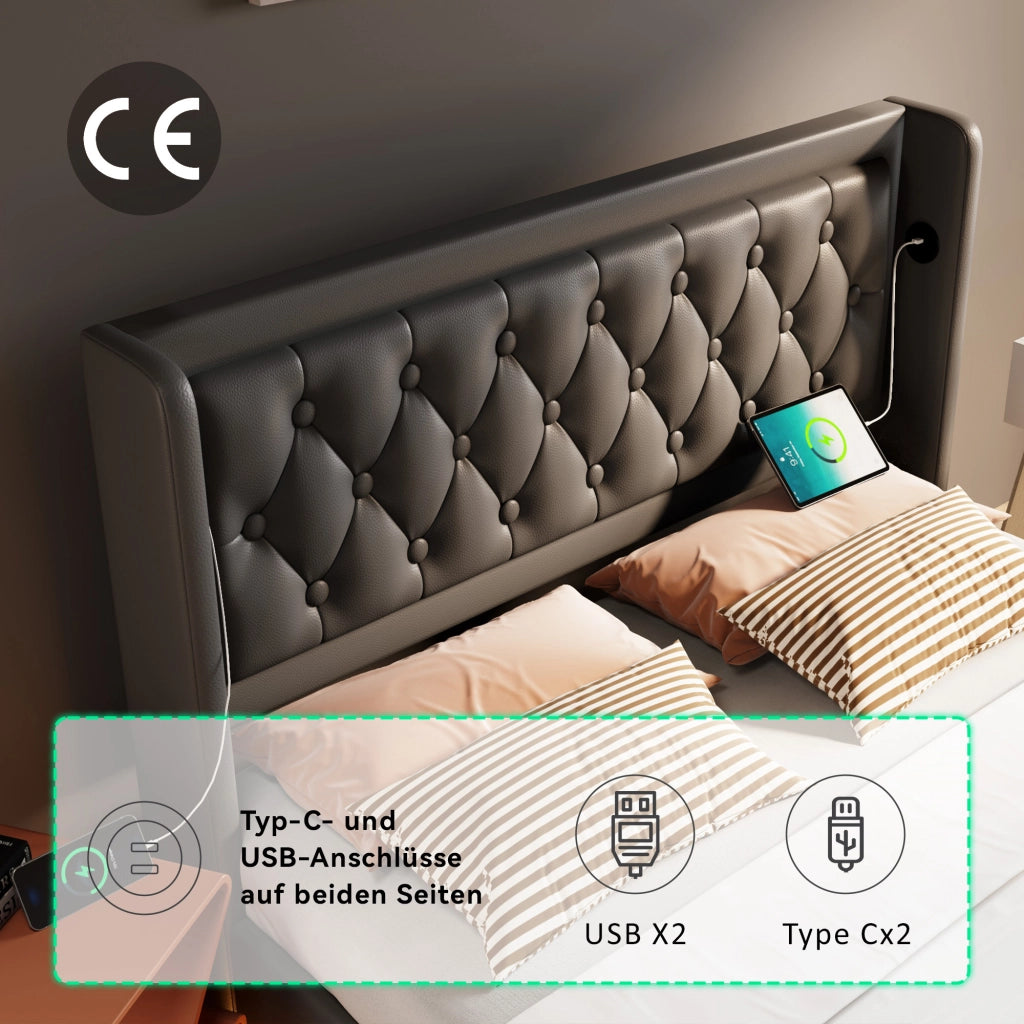 OKWISH Letto Contenitore 160×200 cm, Letto Matrimoniale con USB, Type C e LED Regolabile, senza Materasso, in PU, Nero