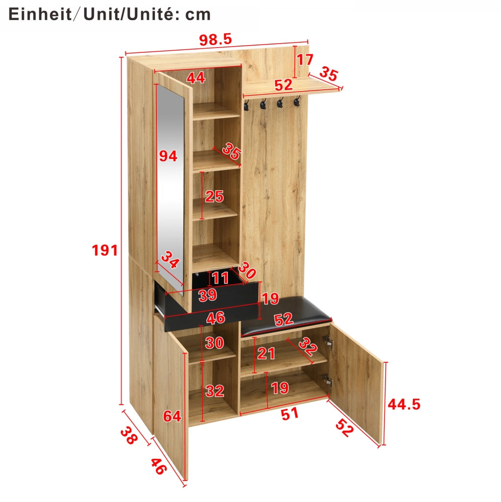 Set ingresso con appendiabiti a 5 ganci, specchio, armadietto porta scarpe e panca, struttura in MDF, 98,5x38x191 cm, colore legno e nero