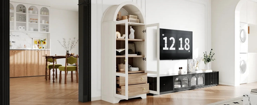 Highboard bianco con ripiani regolabili, cassetti e ante in vetro trasparente. Ampio contenitore ideale per cucina, sala da pranzo e soggiorno.