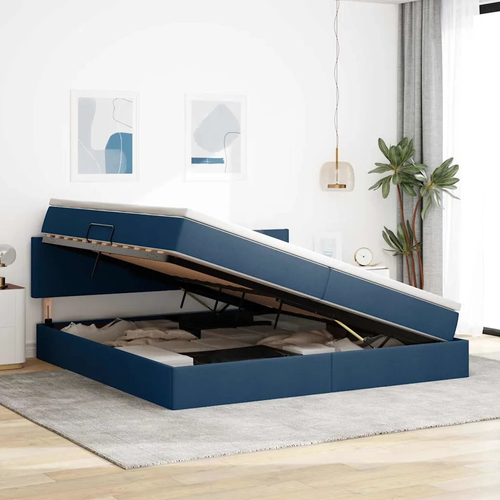 Letto con contenitore e materasso con testiera Blu 200 x 200 cm 3370472