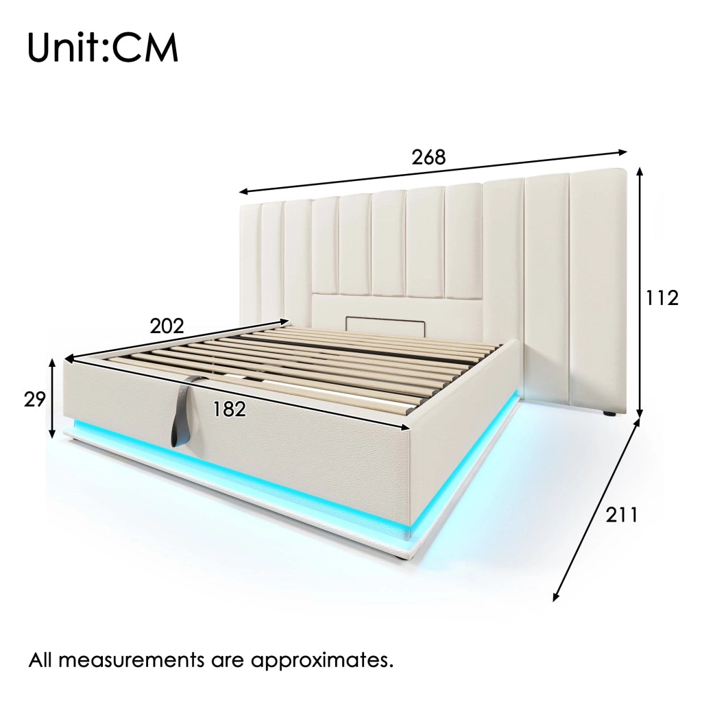 Letto contenitore imbottito 180x200 cm con LED e ricarica USB-C; bianco