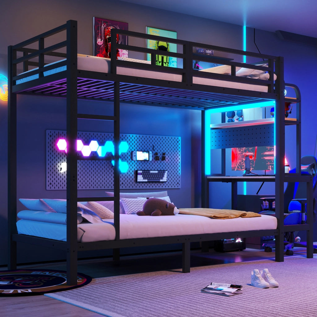 Letto a castello 90 × 200 cm 1 posto con scrivania; mensole; LED e USB; senza materasso; in metallo nero