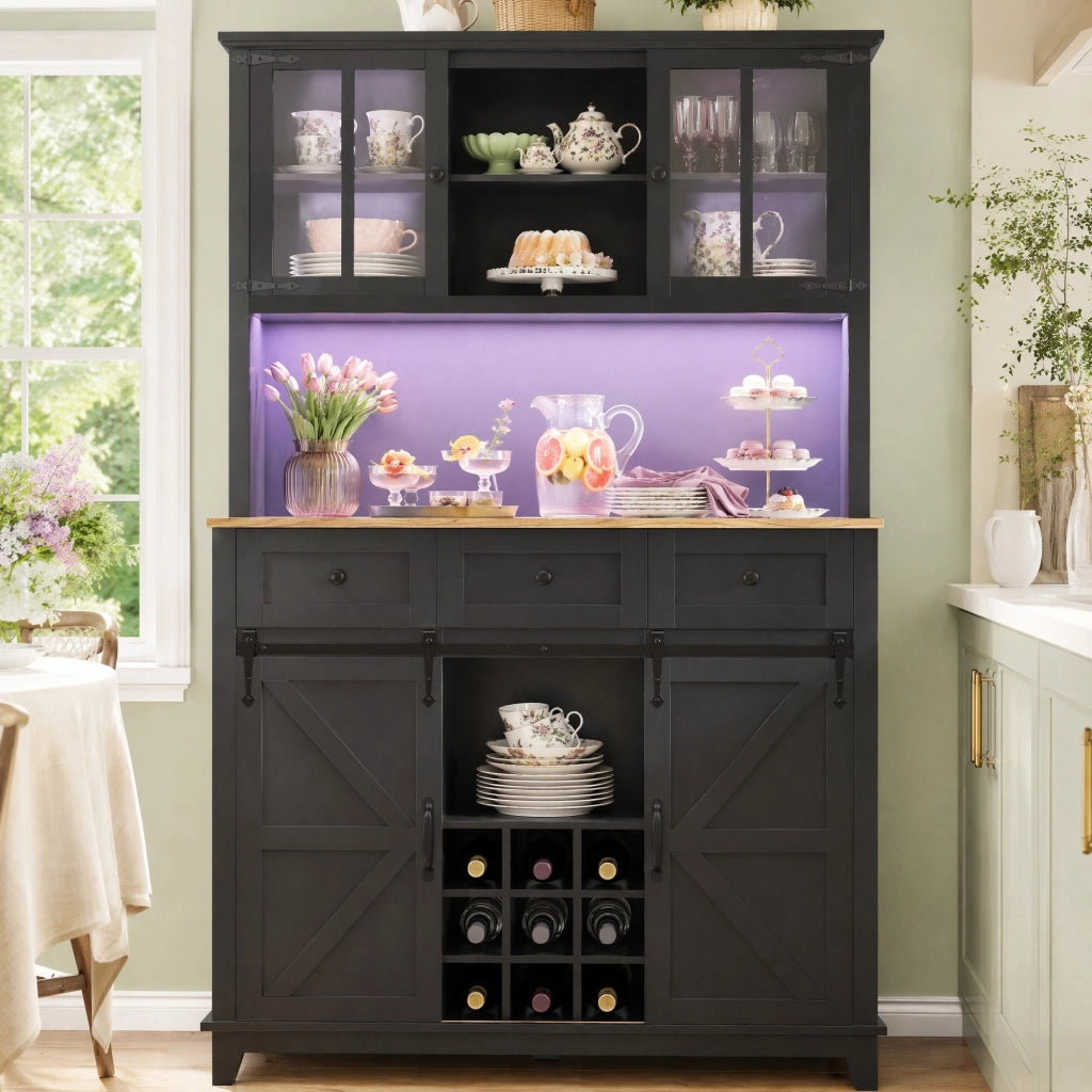 Mobile colonna da cucina ante in vetro porta scorrevole LED ripiani regolabili in MDF nero 105 × 38.4 × 180 cm