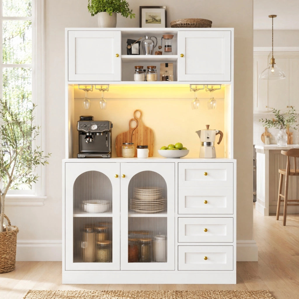 Credenza da cucina bianca con LED e vetro, 120x40x188 cm