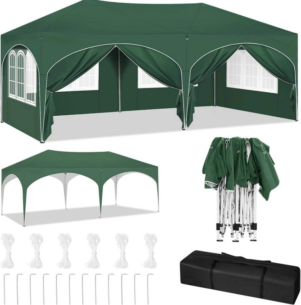 Gazebo pieghevole verde 3x6 m con 6 pareti laterali
