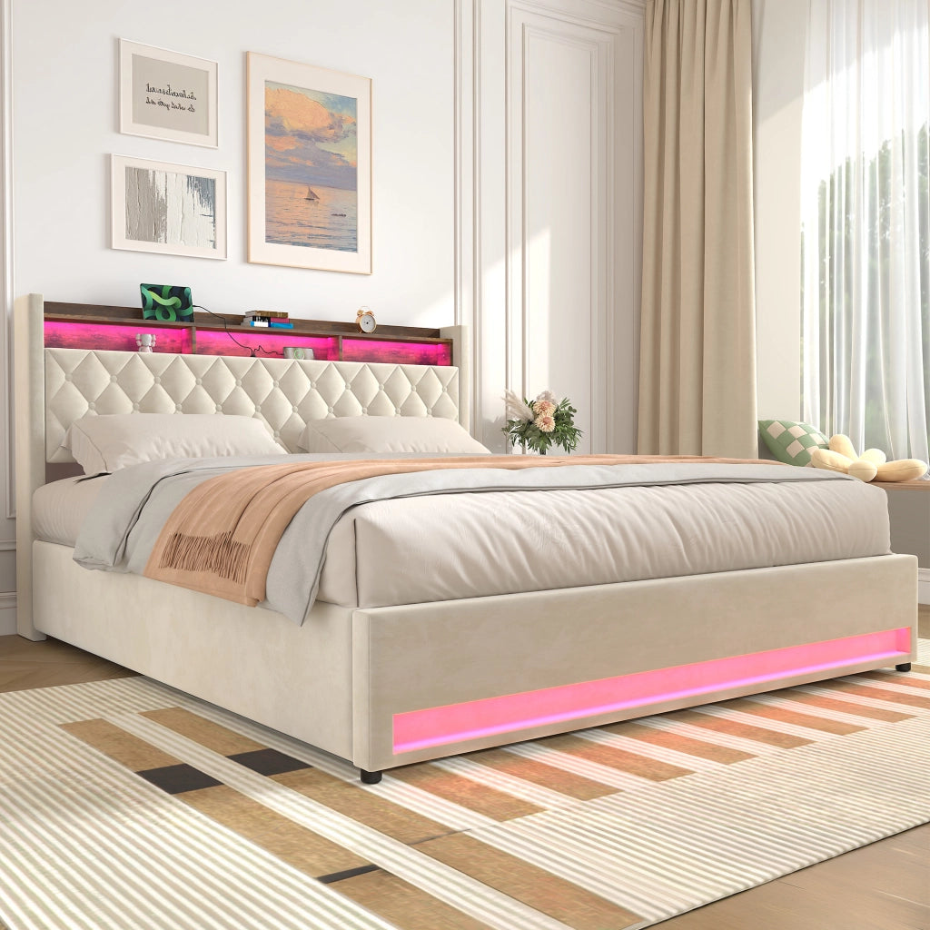 Letto matrimoniale imbottito 180x200 cm beige in velluto con struttura MDF e ferro