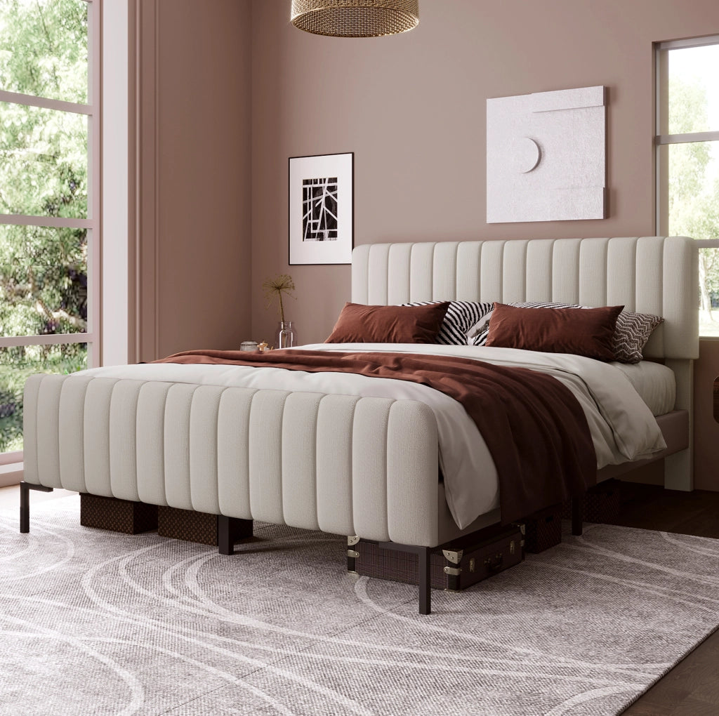 Letto imbottito 160x200 cm grigio-beige con rete e testiera regolabile