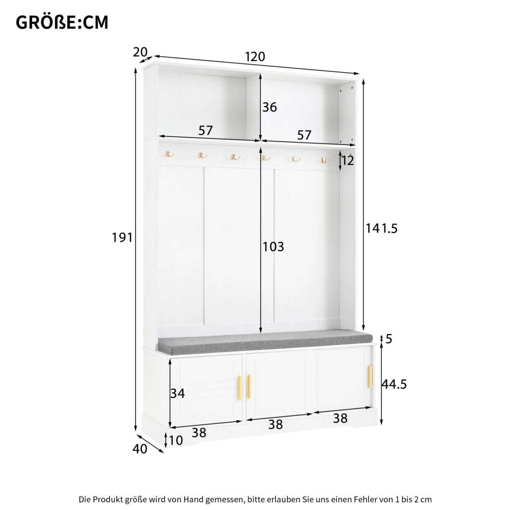 Appendiabiti con panca porta scarpe bianco 120×40×191 cm con 6 ganci tripli, design salvaspazio per ingresso e corridoio