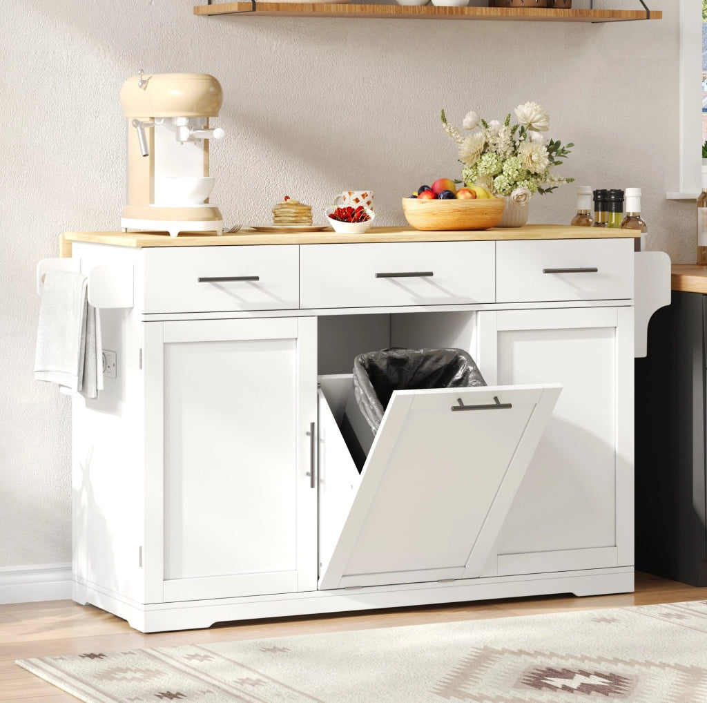 Isola cucina mobile 136x50(75)x92 cm con piano ribaltabile; prese USB e vano rifiuti HOMVRA