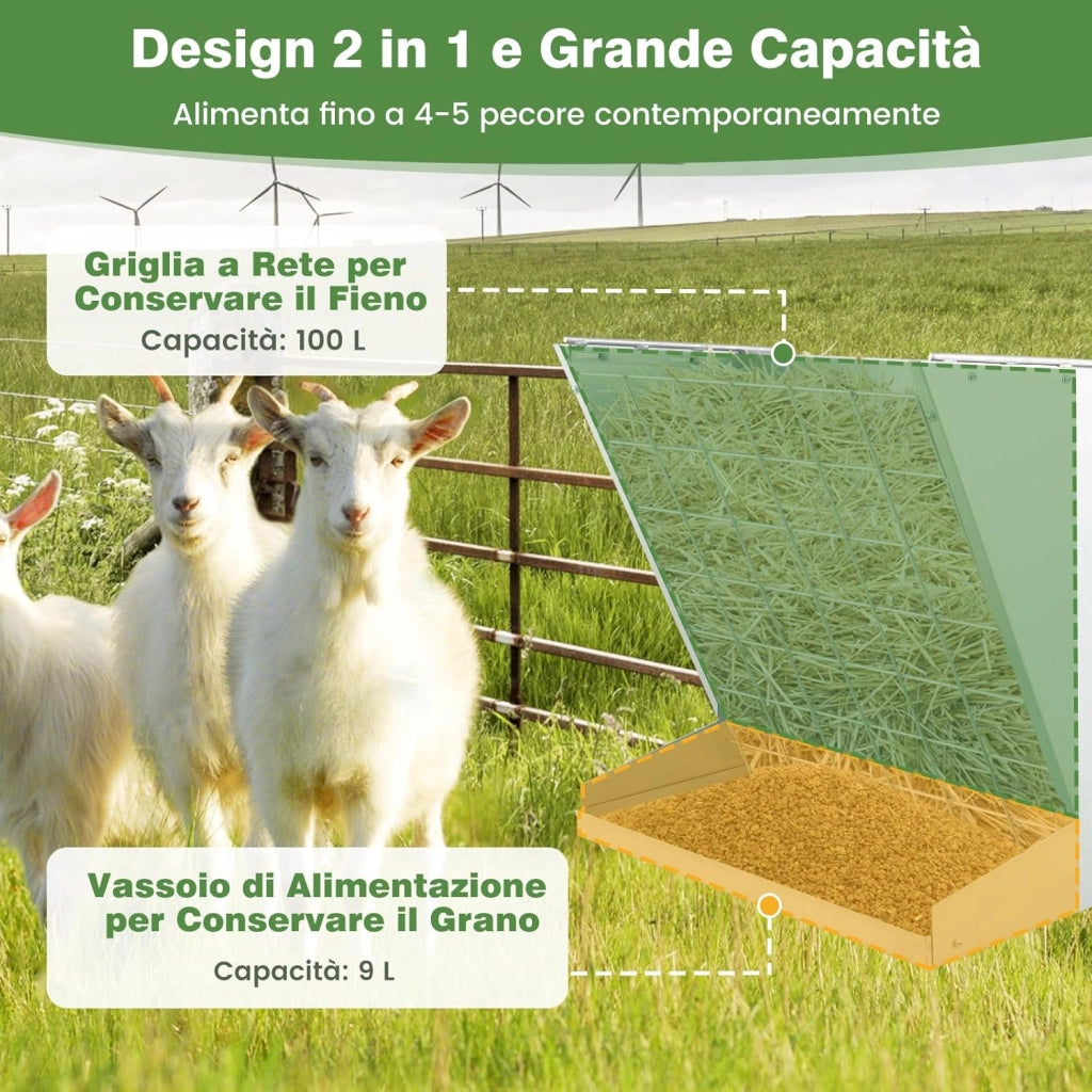 Mangime per Fieno a Parete 83L, Mangiatoia 2-in-1 per Fieno e Cereali in Metallo Zincato con Distanza Regolabile, Rete a Maglia e Vassoio,Mangiatoia per Cavalli, Pecore, Mucche e Maiali