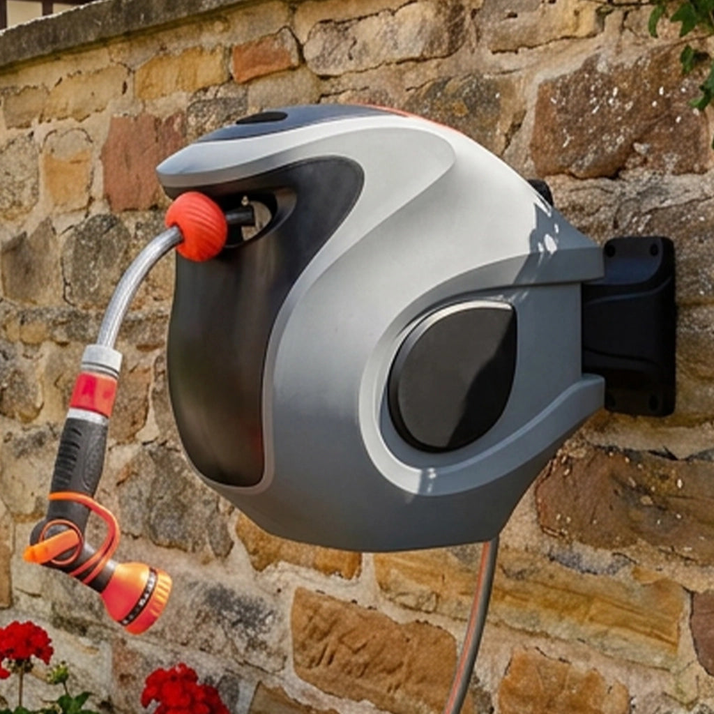 Avvolgitubo Automatico Da 30 m Con Ugello A 9 Getti E Supporto Orientabile 180 Gradi Grigio
