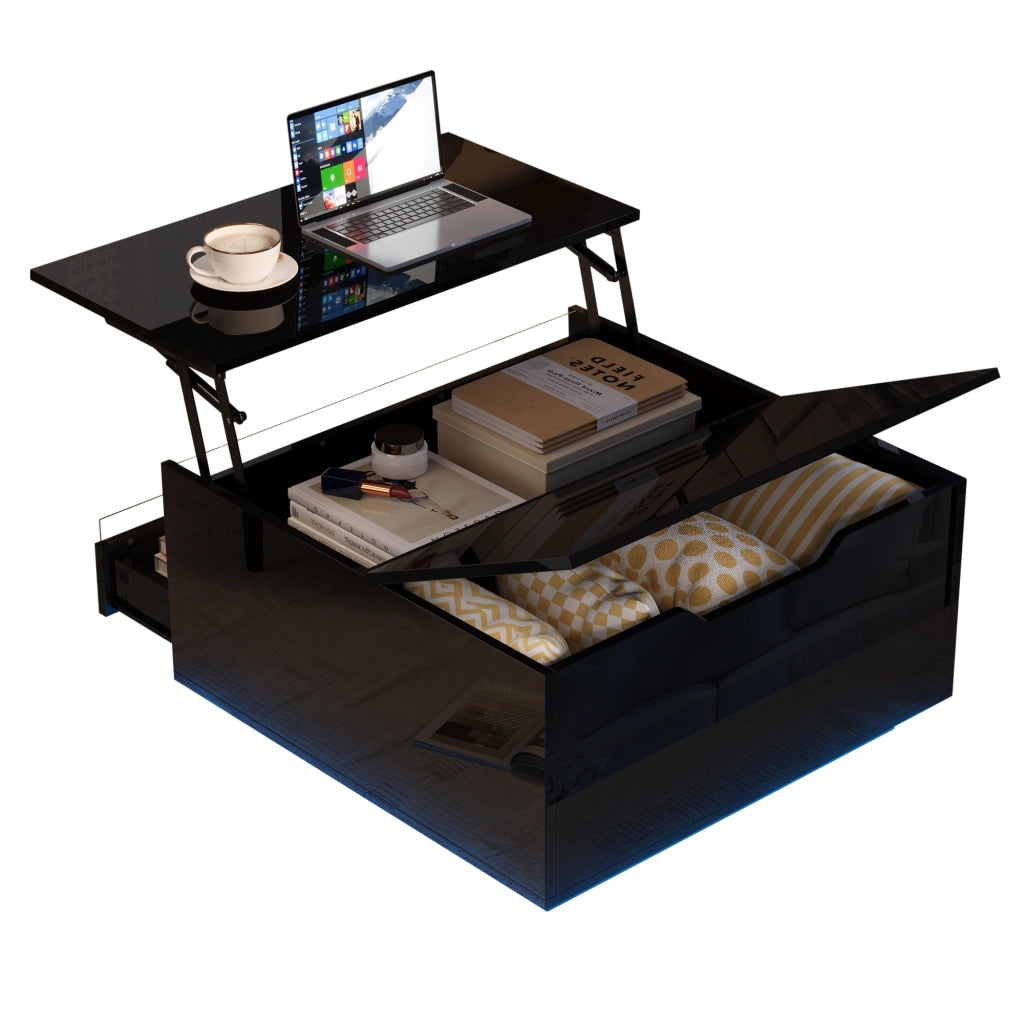 Tavolino da salotto elevabile con LED, cassetto e vano nascosto, finitura lucida nera in truciolare, 70 × 70 × 38 cm