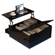 Tavolino da salotto elevabile con LED, cassetto e vano nascosto, finitura lucida nera in truciolare, 70 × 70 × 38 cm