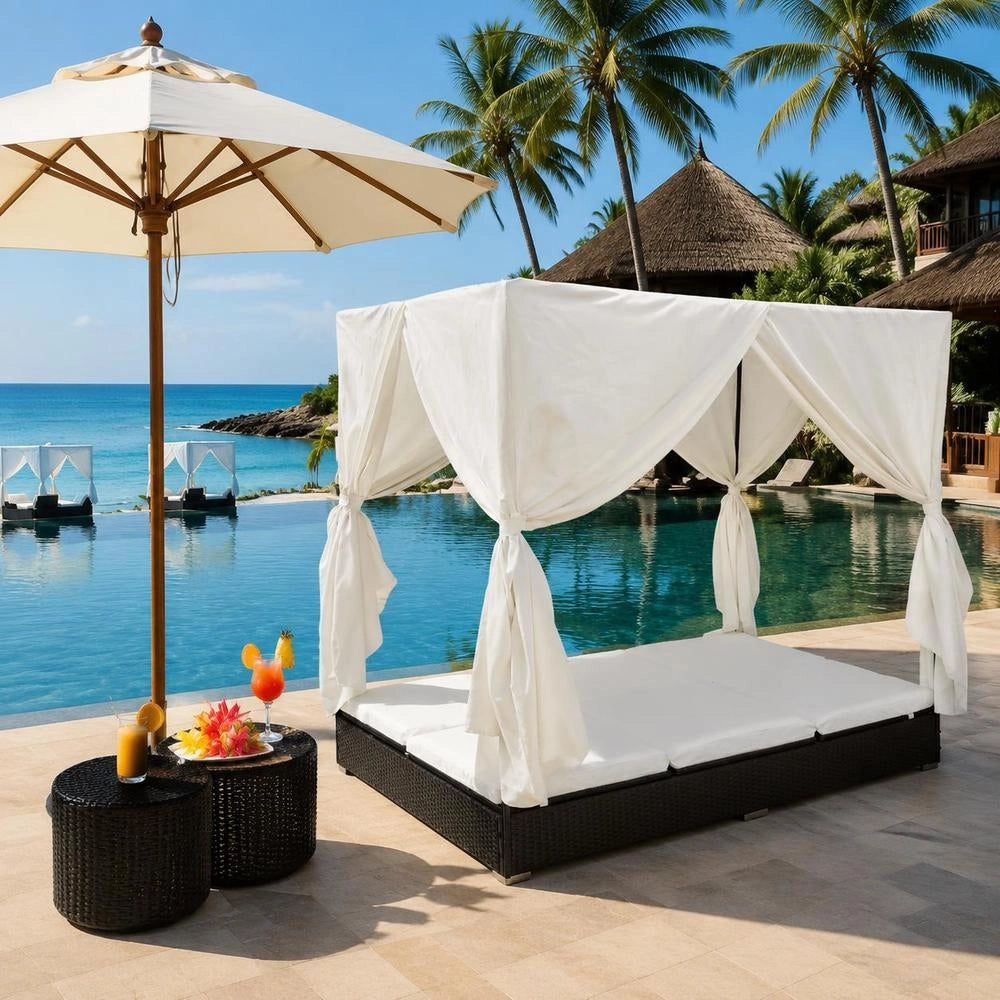 Outdoor Lounge Bed With Curtain, Poly Rattan, Black