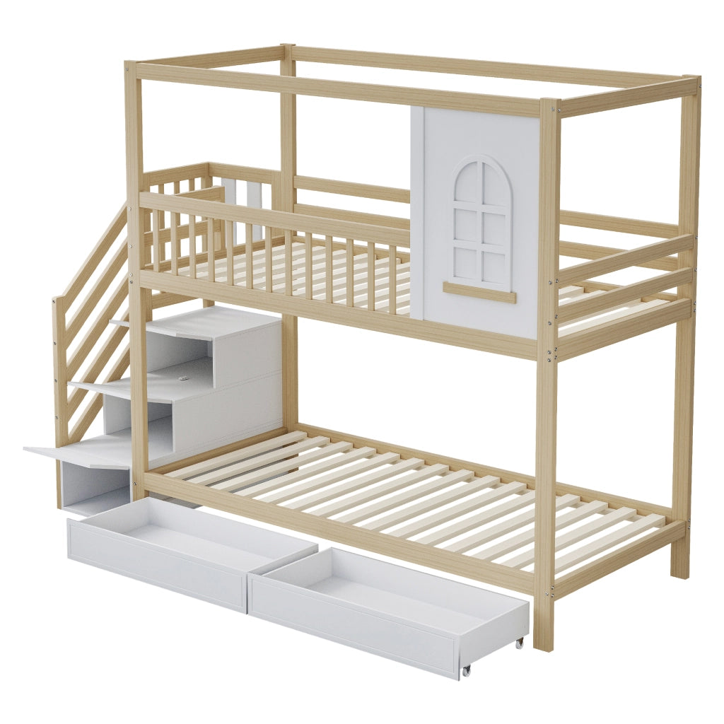 Letto a castello per bambini 90x200 cm con cassetti; scala di sicurezza e struttura a casetta in legno naturale